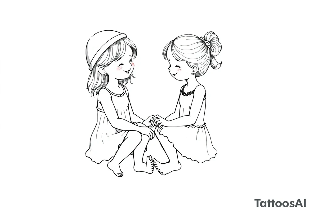 Zwei grinsende kleine mädchen sitzen sich gegenüber eine hat einen Dutt die andere einen Zopf und sie berühren sich an den Fußsohlen seitenansicht tattoo idea