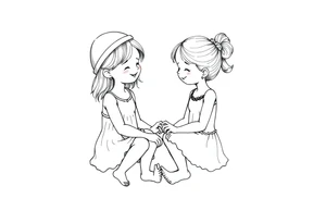 Zwei grinsende kleine mädchen sitzen sich gegenüber eine hat einen Dutt die andere einen Zopf und sie berühren sich an den Fußsohlen seitenansicht tattoo idea