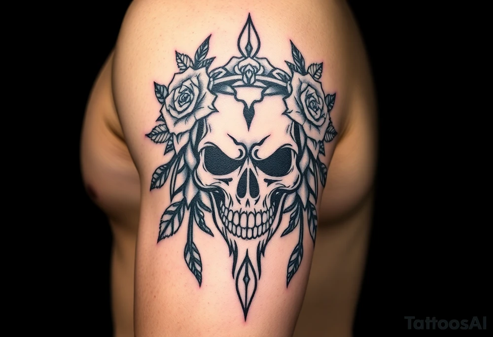 ornate skull adorned with crown of wild roses and thorns tattoo idea
