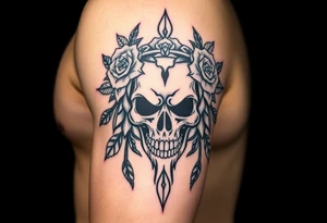 ornate skull adorned with crown of wild roses and thorns tattoo idea