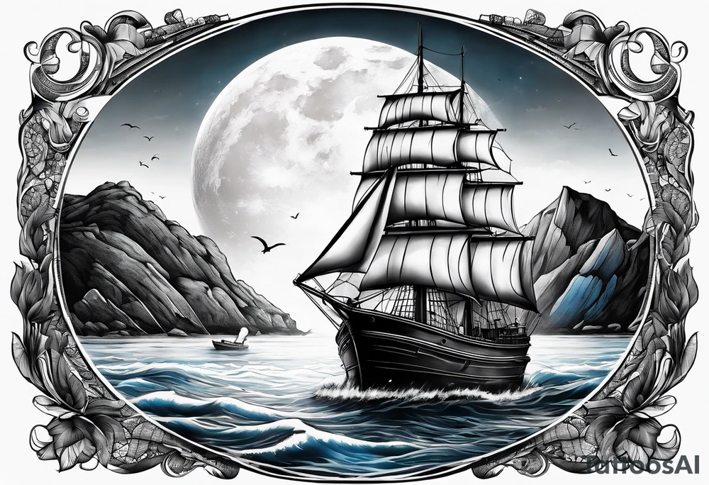 bateau, phare maritime et lune bleu tattoo idea