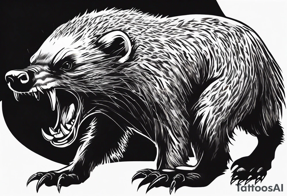 Angry, snarling, detailed honey badger facing in front tattoo idea