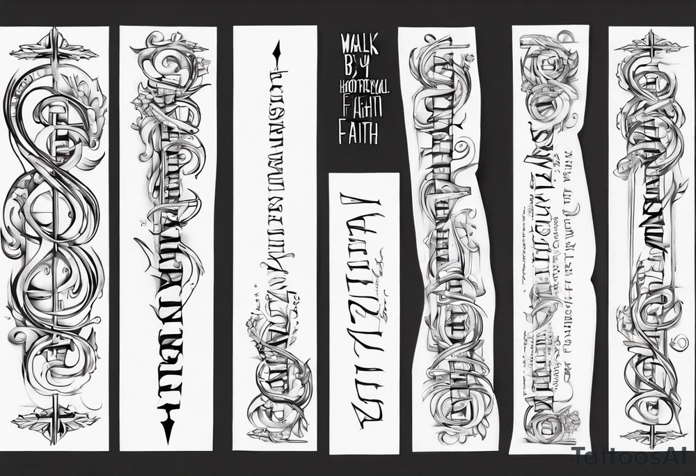 Horizontal inner bicep tattoo. “walk by faith, not by sight” stairwell wrapping around the quote. This design captures the essence of the journey guided by faith. tattoo idea