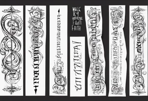 Horizontal inner bicep tattoo. “walk by faith, not by sight” stairwell wrapping around the quote. This design captures the essence of the journey guided by faith. tattoo idea