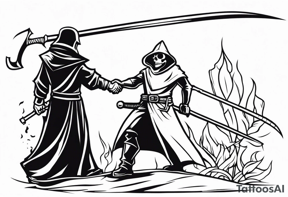 The executioner and death with a scythe shake hands cartoon style tattoo idea