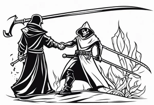 The executioner and death with a scythe shake hands cartoon style tattoo idea