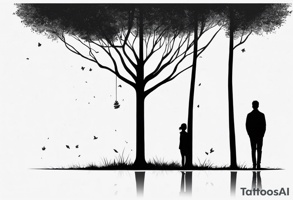 two tall silhouettes of trees and one small person standing between them with the symbol |-/ hidden somewhere in the design tattoo idea