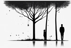 two tall silhouettes of trees and one small person standing between them with the symbol |-/ hidden somewhere in the design tattoo idea