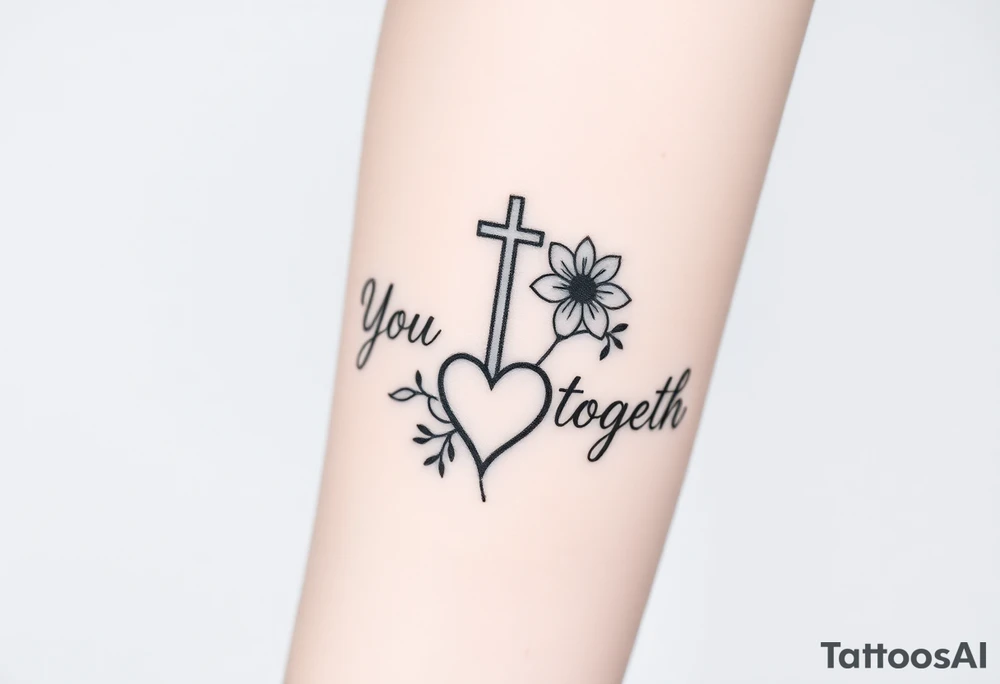 "You and I together" with a cross, a flower and a heart integrated into the design tattoo idea