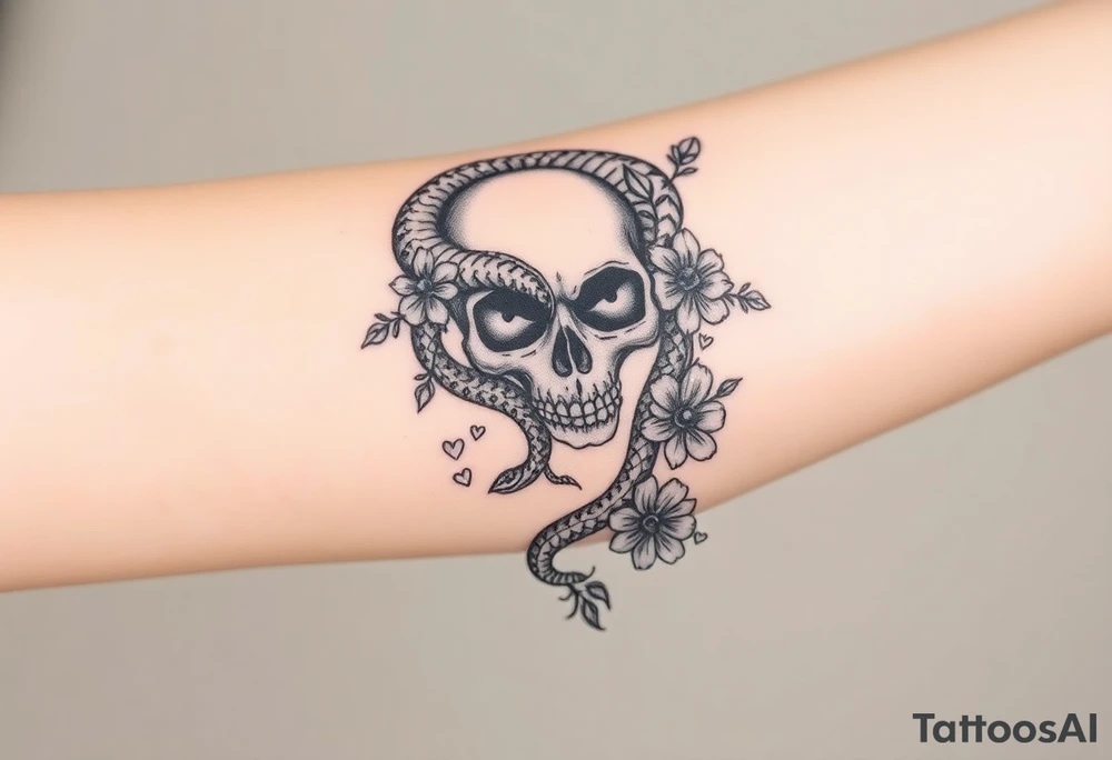 Feminine skull with snake wrapped around and surrounded by wildflowers and hearts in heavy black work neo traditional style tattoo idea