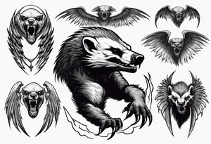Angry, snarling, detailed forward-facing honey badger against the backdrop of large demonic wings tattoo idea
