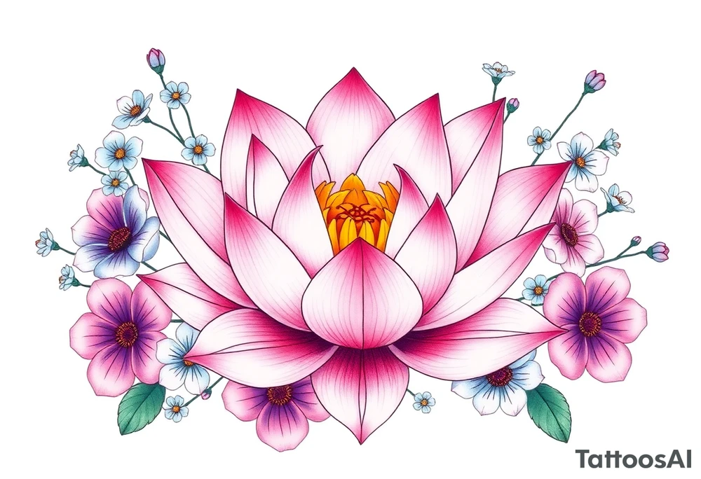 Lotus flower surrounded by forget me nots and peonies tattoo idea