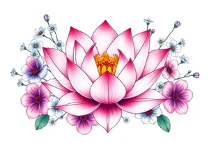 Lotus flower surrounded by forget me nots and peonies tattoo idea