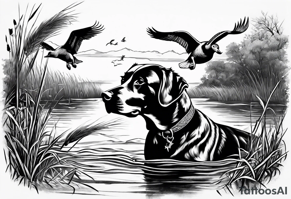 bird dog retrieving duck from marsh in its mouth tattoo idea