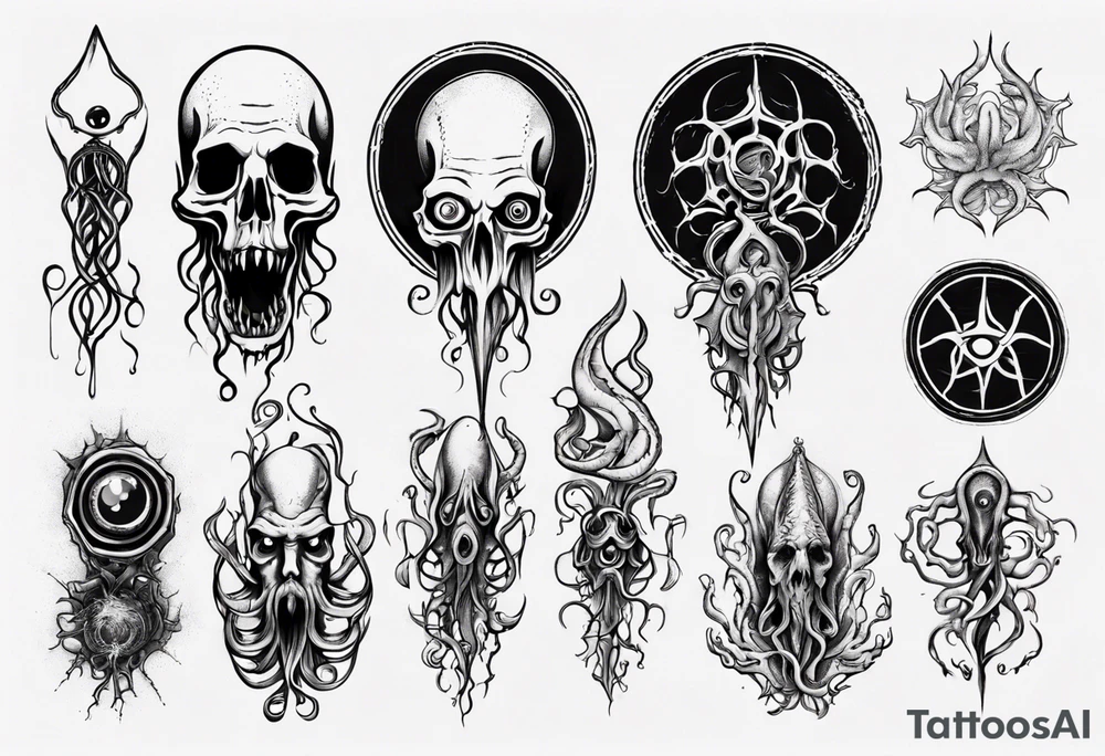 lovecraft long tattoo to put on the forearm, with eye and tentacle tattoo idea