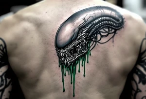 The skull of a Xenomorph with an acid drip effect, dripping a metallic green liquid that pools into intricate tribal patterns. tattoo idea