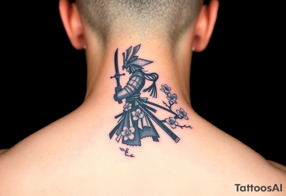 noble samurai warrior silhouette at sunset with cherry blossoms tattoo idea