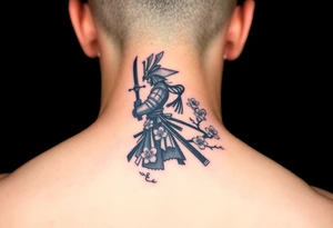 noble samurai warrior silhouette at sunset with cherry blossoms tattoo idea