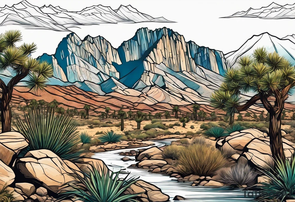 Rocky Mountains with evergreen trees that fade into Joshua trees in a desert and then fade into a Hawaiian beach tattoo idea