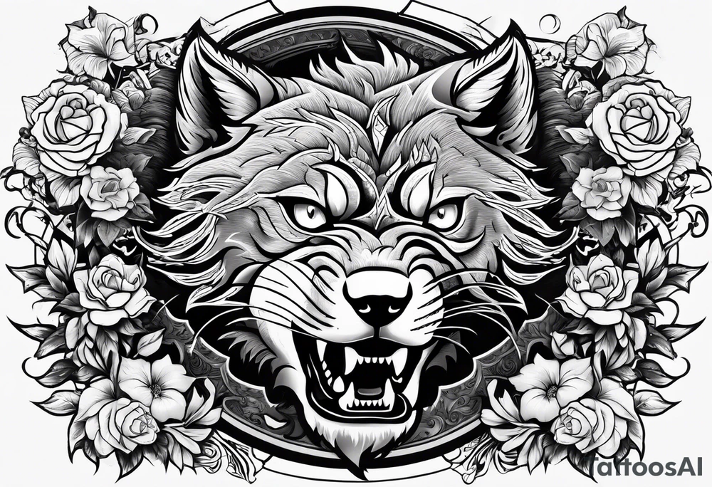 Raging storm with vicious wolf. Design for a chest piece.  Include roses and lilys tattoo idea