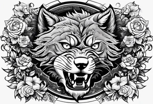 Raging storm with vicious wolf. Design for a chest piece.  Include roses and lilys tattoo idea