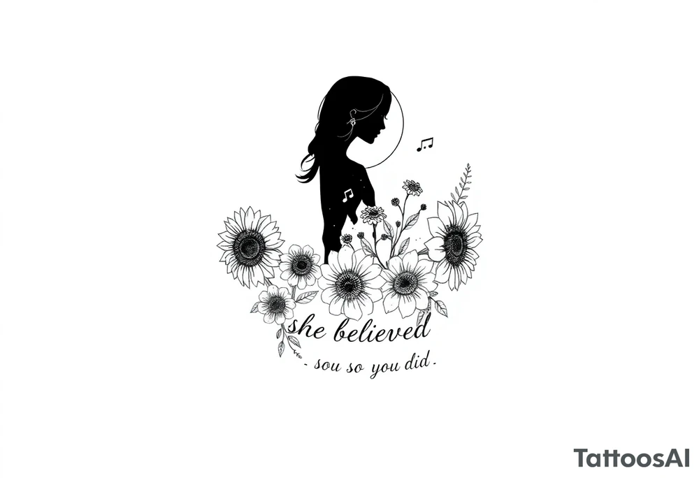 A silhouette of myself with the sun and moon sunflowers music symbols roses and the words she believed she could so she did tattoo idea