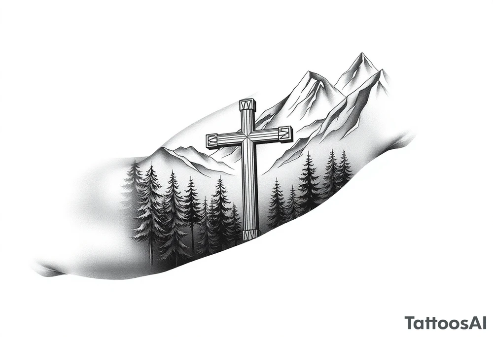 russian orthodox cross in a light forrest mountainous setting tattoo idea