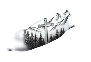 russian orthodox cross in a light forrest mountainous setting tattoo idea