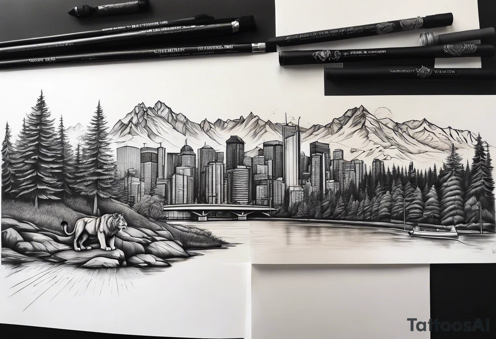 Do the whole forearm with half lion face half tiger face put something small to with boxing and make Canada British colombia  scenery of the city vancouver and forest scenery tattoo idea