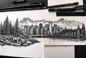 Do the whole forearm with half lion face half tiger face put something small to with boxing and make Canada British colombia  scenery of the city vancouver and forest scenery tattoo idea