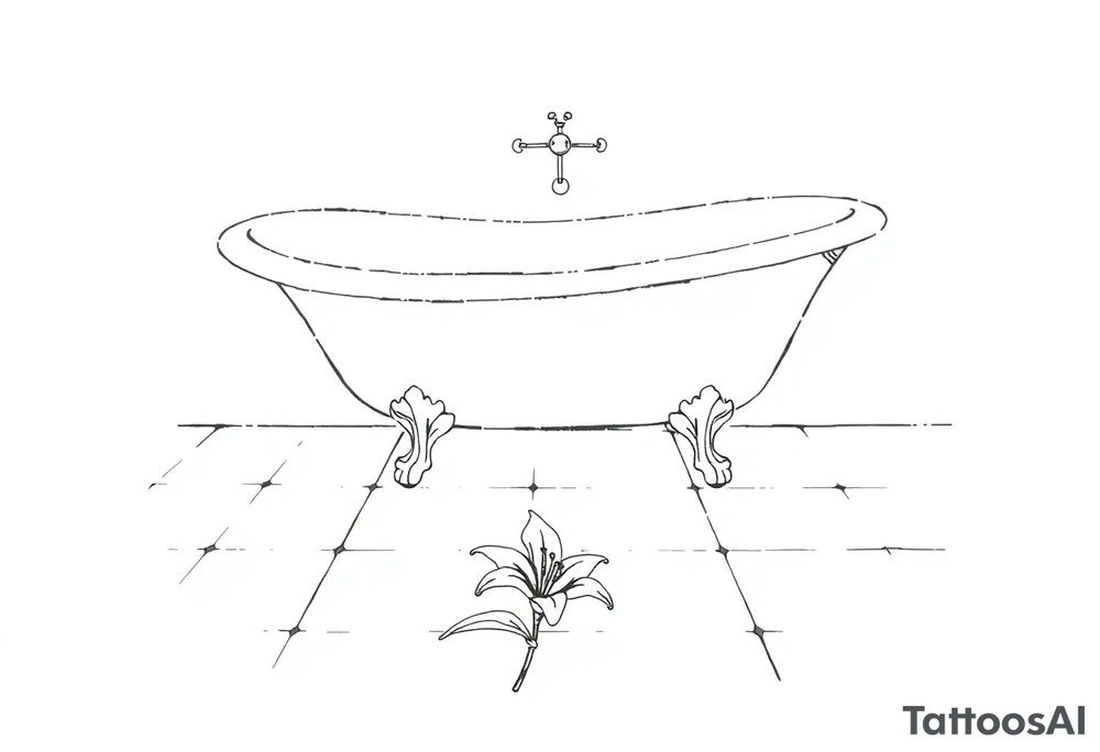 Clawfoot bathtub on tile floor with lily coming up from floor tattoo idea