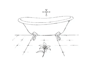 Clawfoot bathtub on tile floor with lily coming up from floor tattoo idea