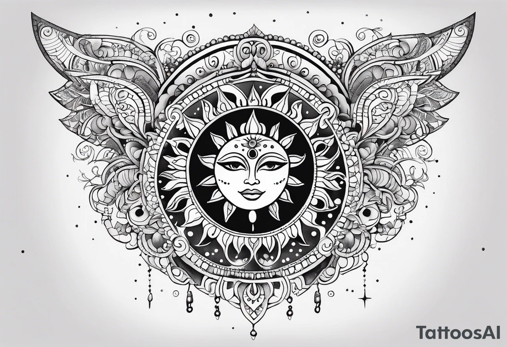 Mexican feminine alien Sun and moon. Freeform rectangular sternum swirls with dots and stars tattoo idea