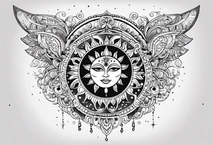 Mexican feminine alien Sun and moon. Freeform rectangular sternum swirls with dots and stars tattoo idea