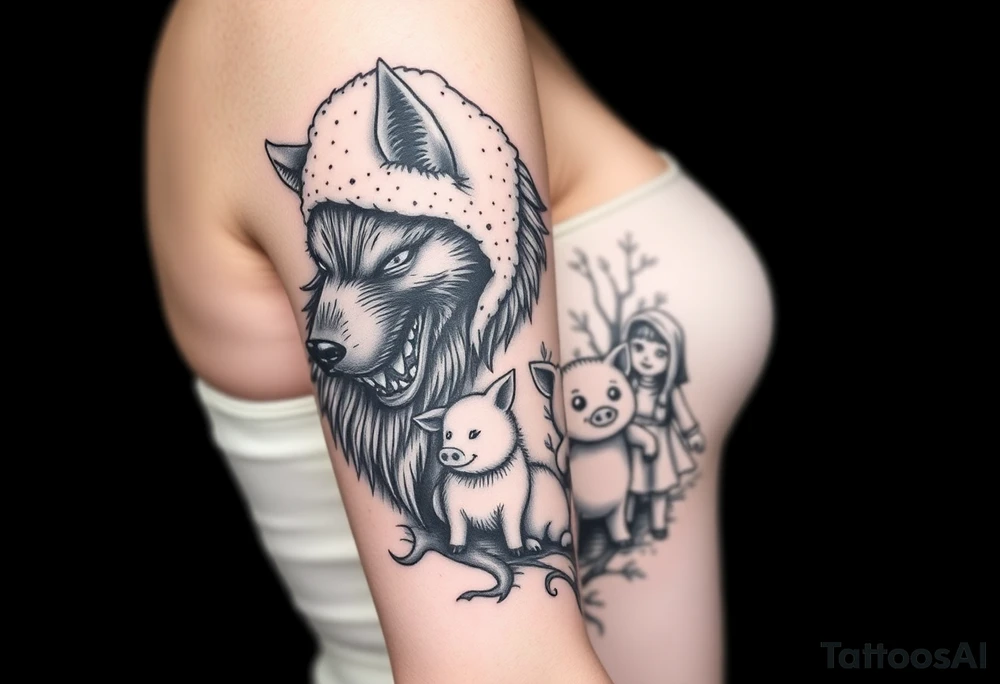 Big bad wolf nursery rhyme wearing a sheep costume with sheep head as hood and eat the three little pigs and little red riding hood in the woods tattoo idea