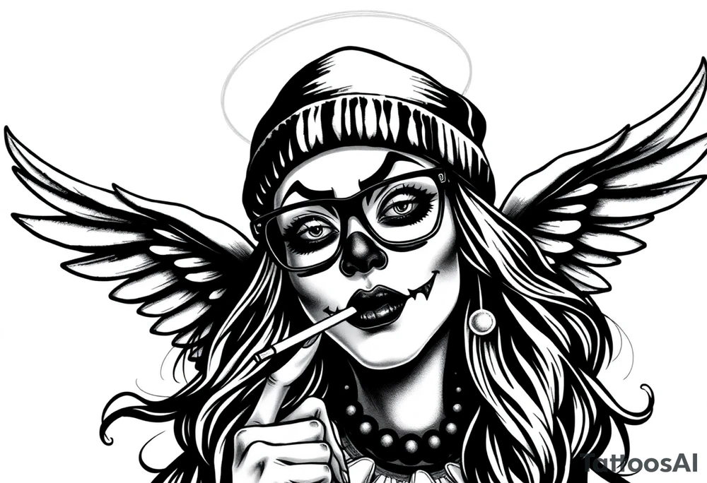 beautiful long hair pin up Clown face Girl payasa  thug beanie eyeglasses  angelic wings smoking a cigarette tattoo idea