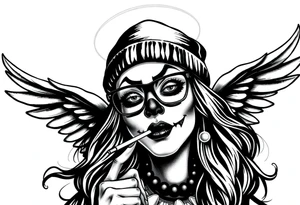 beautiful long hair pin up Clown face Girl payasa  thug beanie eyeglasses  angelic wings smoking a cigarette tattoo idea