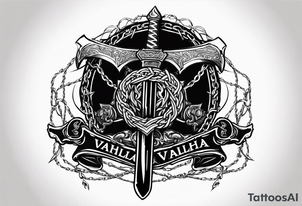 Valhalla sword round shield axe barbed wire chains dark cloud tattoo idea