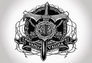 Valhalla sword round shield axe barbed wire chains dark cloud tattoo idea