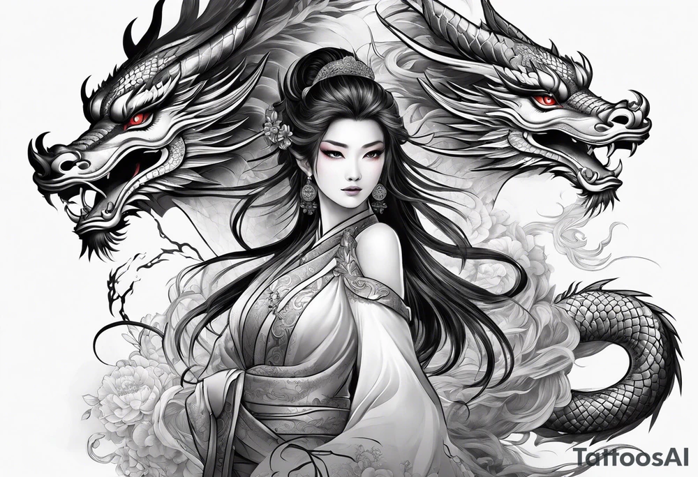 two Chinese dragons lady design tattoo idea