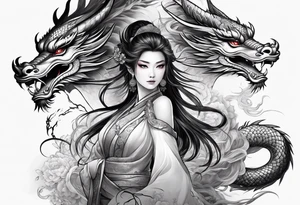 two Chinese dragons lady design tattoo idea