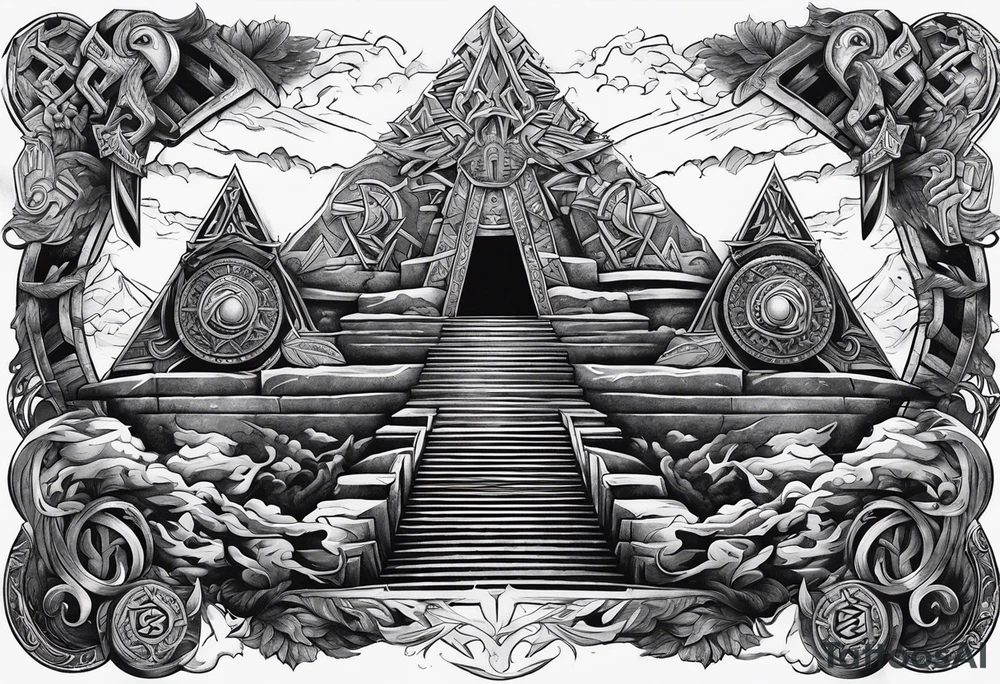 Valhalla stairs 
 sword shield  axe 
Valknut  ruins lightnings tattoo idea
