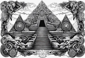 Valhalla stairs 
 sword shield  axe 
Valknut  ruins lightnings tattoo idea