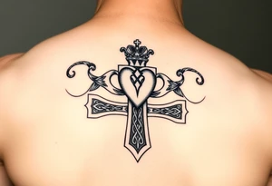 claddagh overlaid on a celtic cross tattoo idea