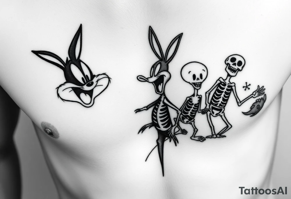 i want the looney toons breaking out of right rib cage and as their body parts exit they turn to skeletons (representing my four kids 3 boys 1 girl) taz, bugz, tweety, lola tattoo idea