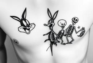 i want the looney toons breaking out of right rib cage and as their body parts exit they turn to skeletons (representing my four kids 3 boys 1 girl) taz, bugz, tweety, lola tattoo idea