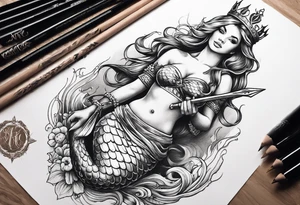 Mermaid full body holding a trident and wearing a crown tattoo idea