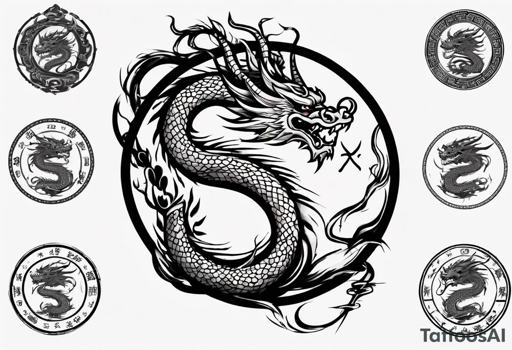 Chinese dragon in a circular shape with "02.03" written on it tattoo idea