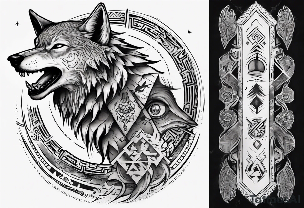 want a half sleeve on my left forearm featuring a howling wolf, surrounded by Māori patterns and Norse symbols tattoo idea