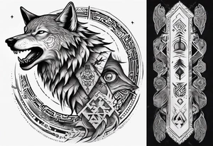 want a half sleeve on my left forearm featuring a howling wolf, surrounded by Māori patterns and Norse symbols tattoo idea